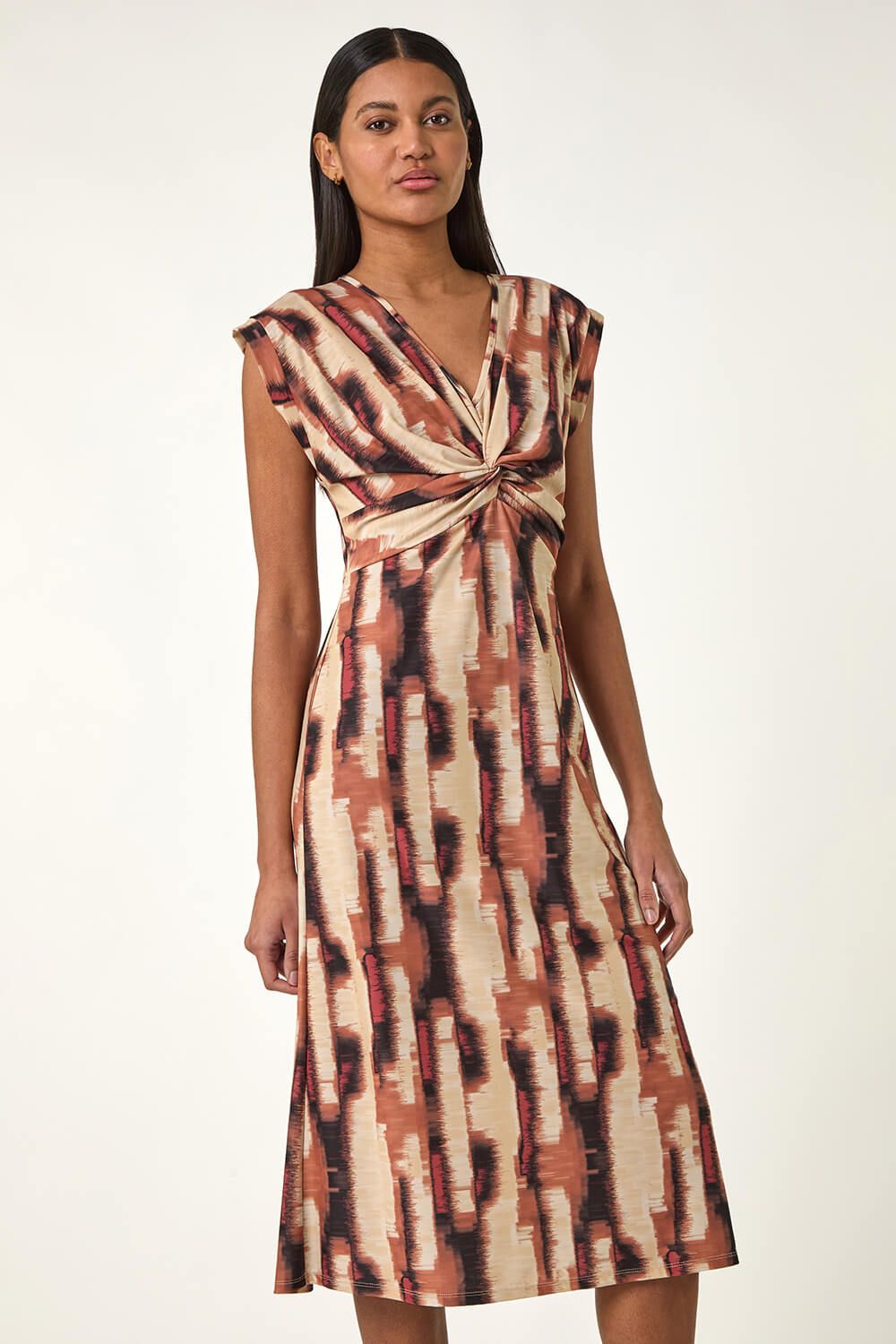 Roman Abstract Print V-Neck Twist Midi Dress