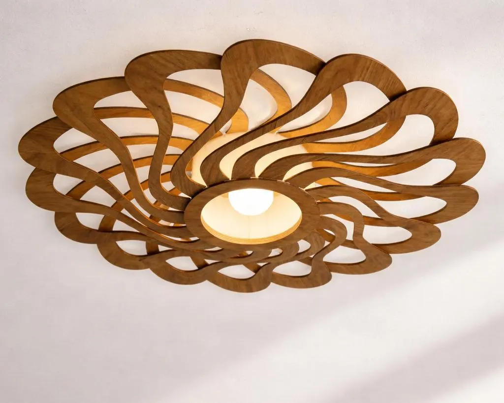 Wood Flush Mount Light: Scandinavian Style Chandelier, Warm Lighting, Wave Brown