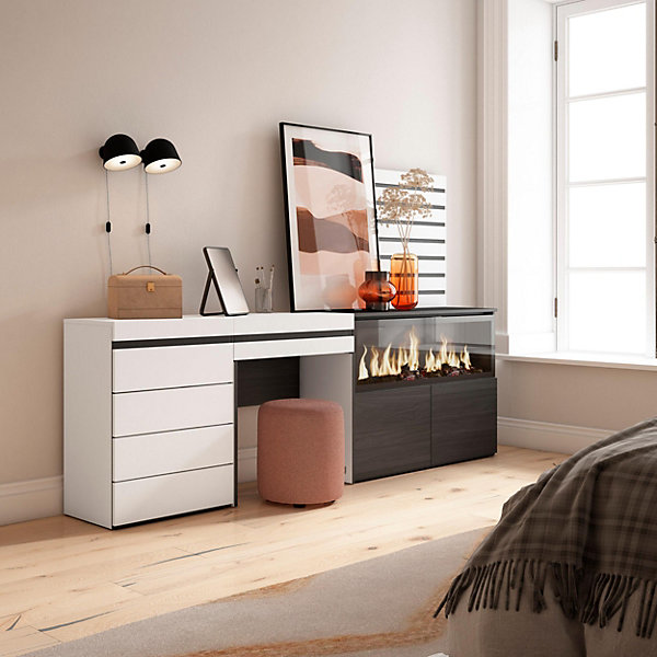 Coiffeuse 234x35x145cm feu led sans chaleur XXL commode buffet blanc