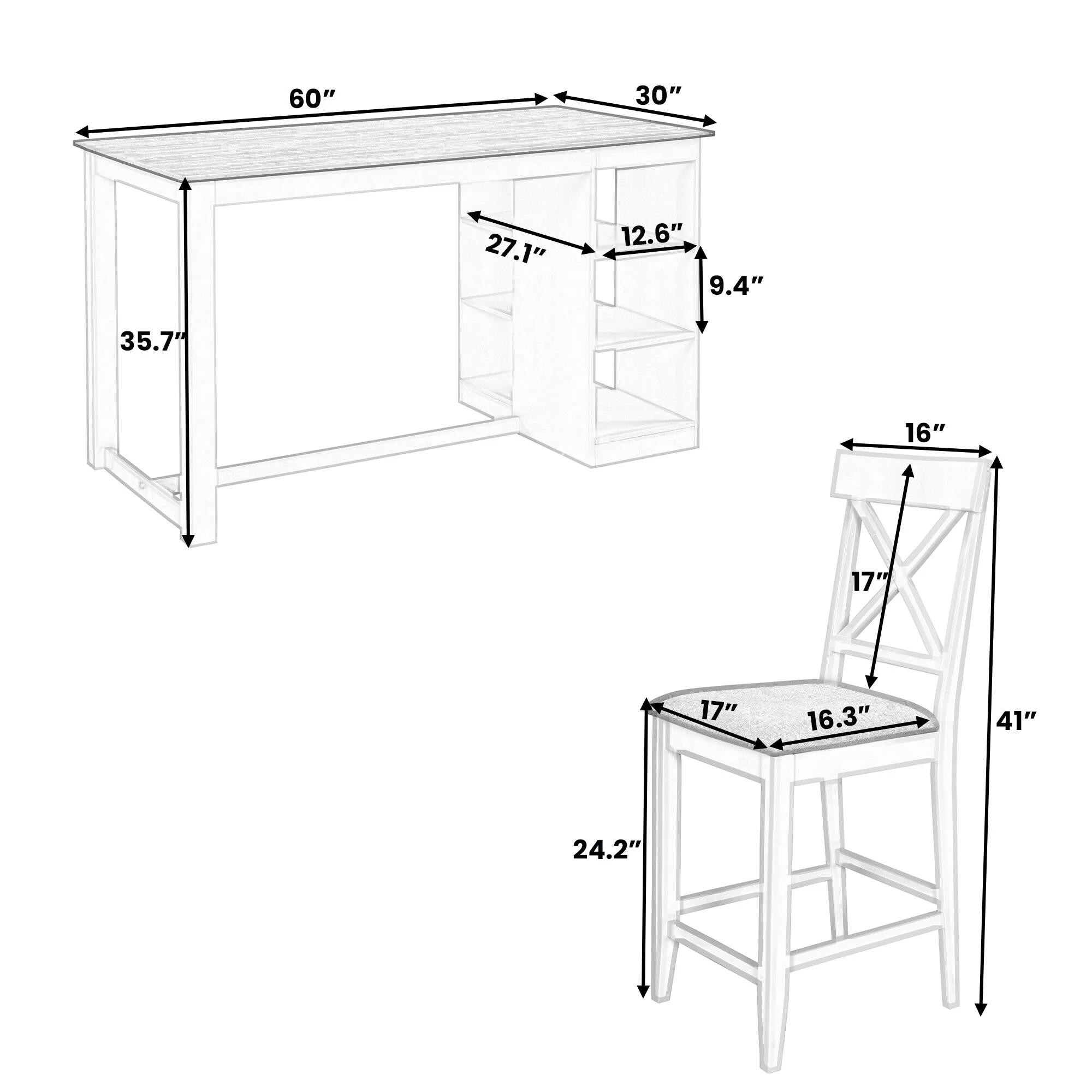 Solid Wood Farmhouse Counter Height Dining Table Set with 3-Tier Storage Shelves, Upholstered Dining Chairs for 4, 5-Piece