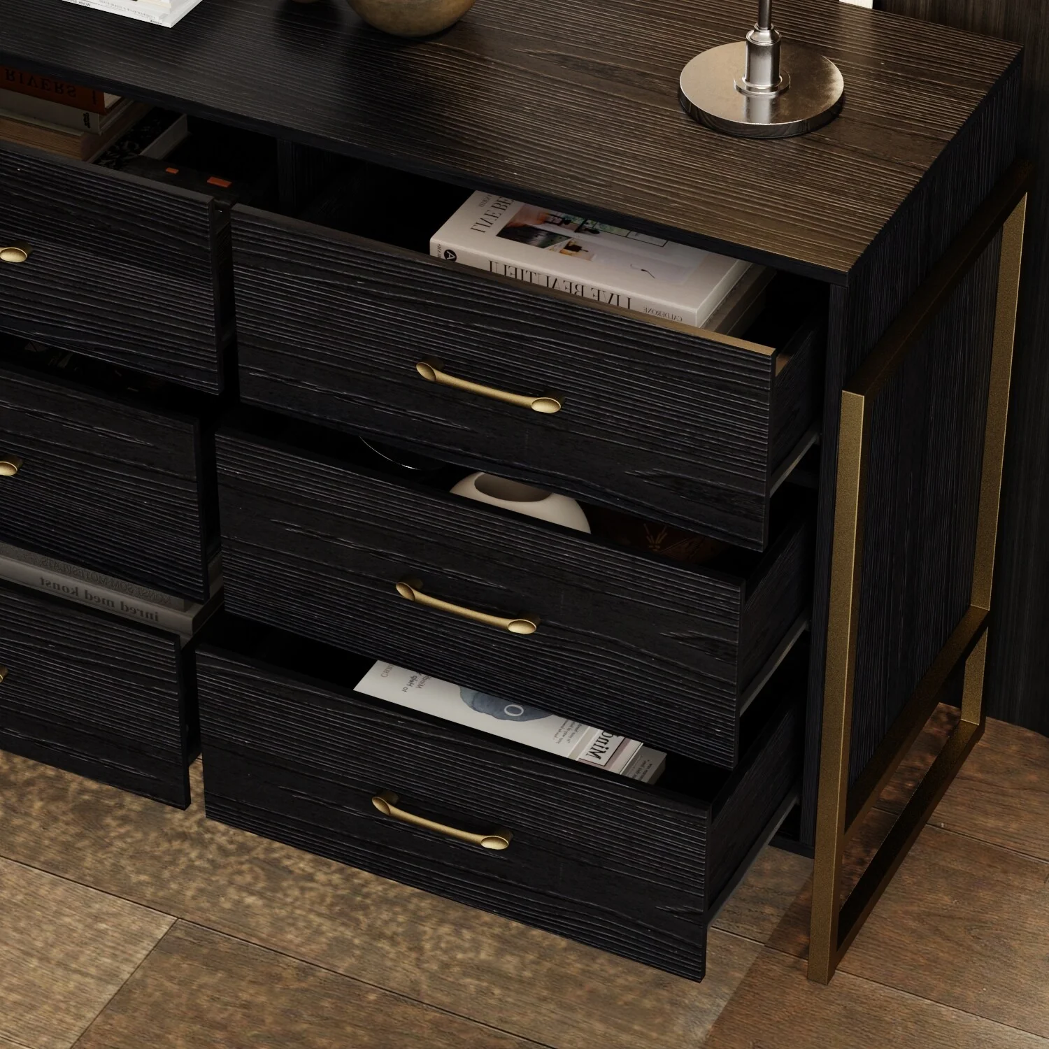 Elegant 9-Drawer Dresser with Gold Accents - Black Stripe Finish Chest