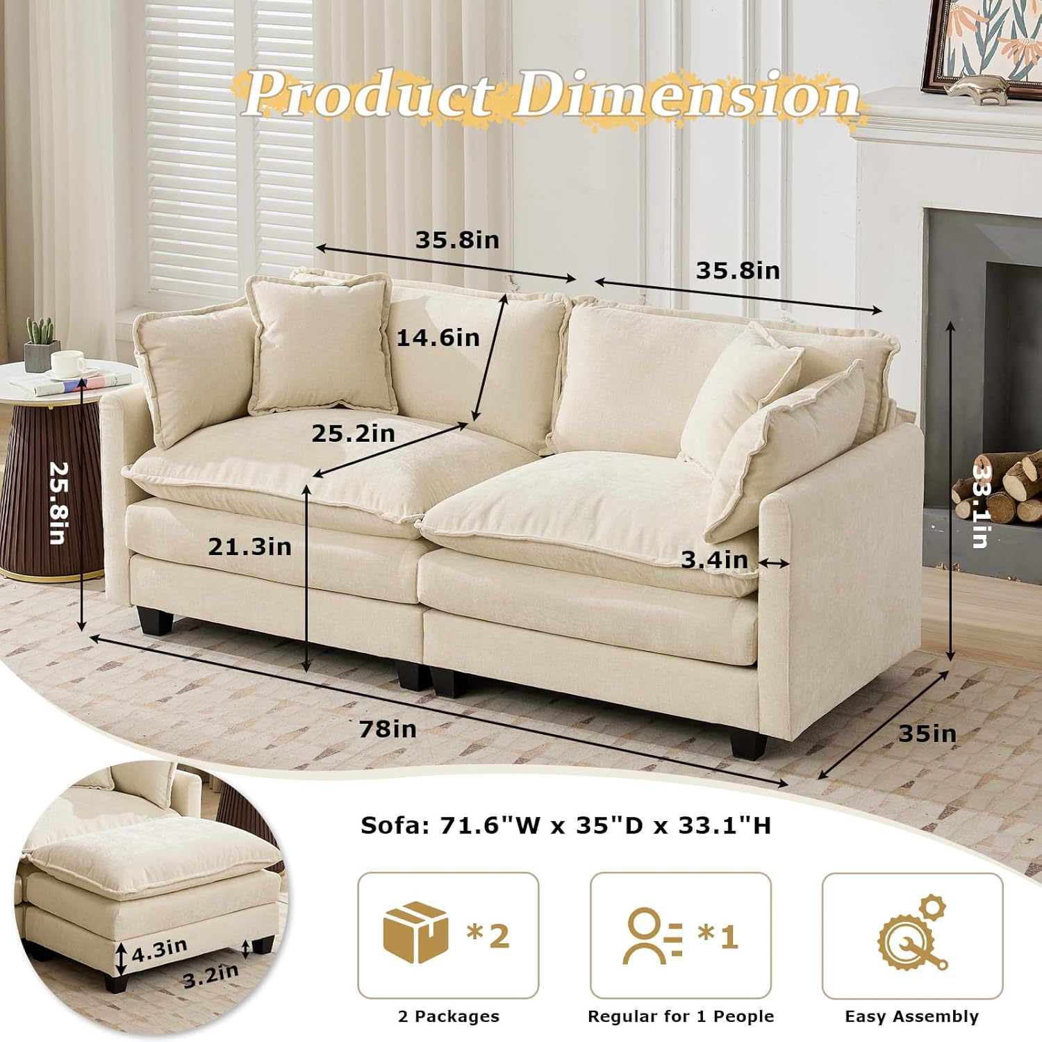 SoarFlash 77.95 Chenille Sectional Sofa, Comfy Modular Loveseat Sofa, Modern 2-Seat Couch Deep Seat Sofa Set for Living Room,Beige