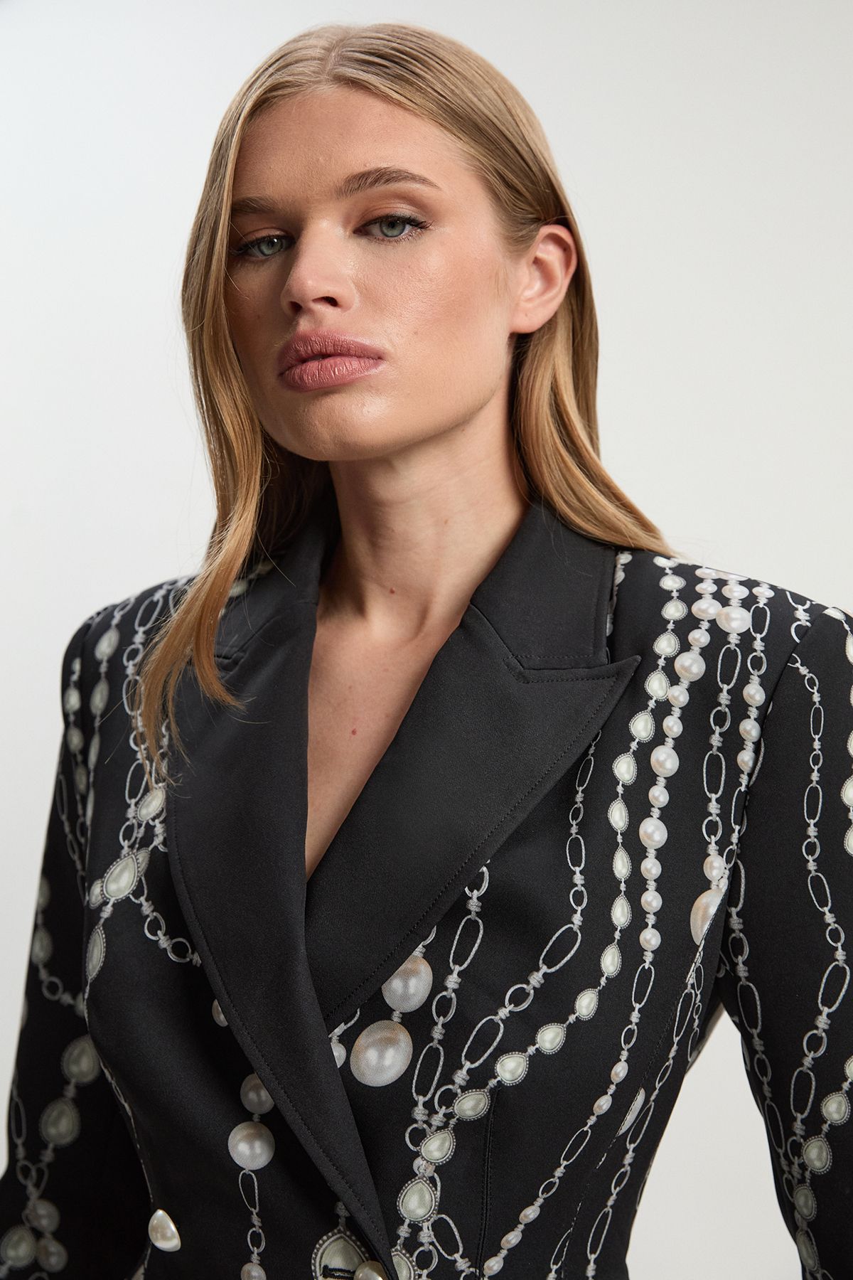 KarenMillen Archive Collection - Pearl Chain Print Satin Double Breasted Tailored Blazer