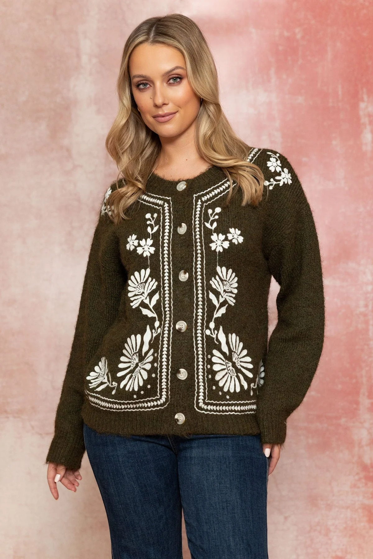 Embroidered Khaki Knit Cardigan with Cream Flowers