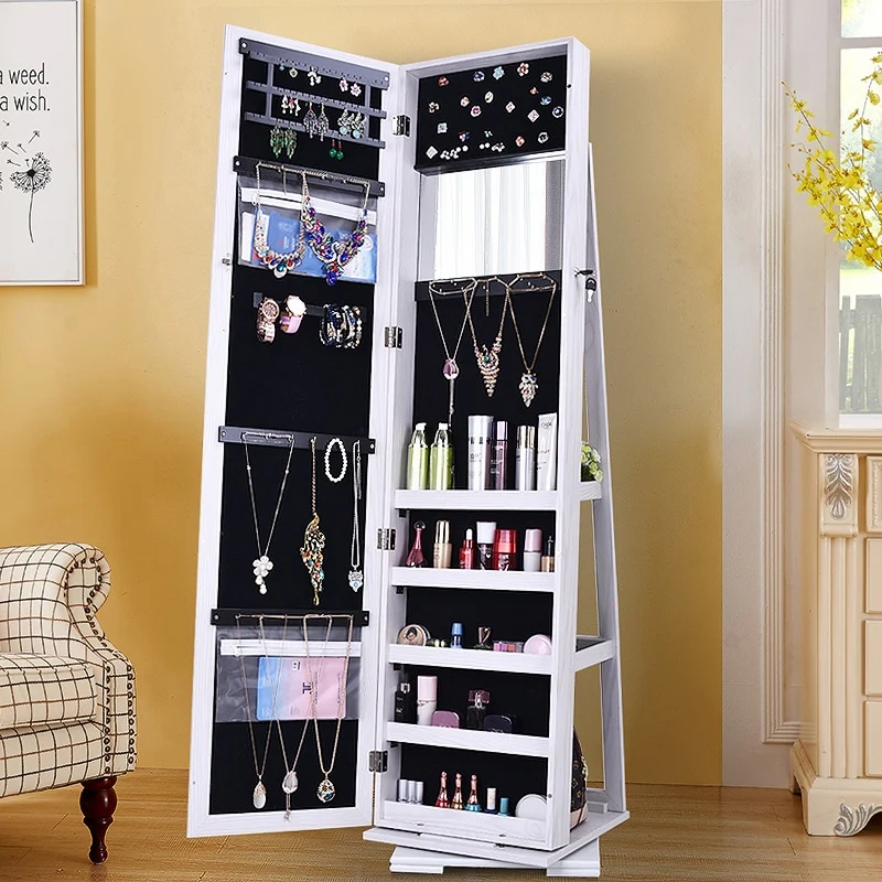 360 Degree Rotation Full-Body Mirror Cabinet PVC Film Moisture-Proof Dressing Jewelry Storage