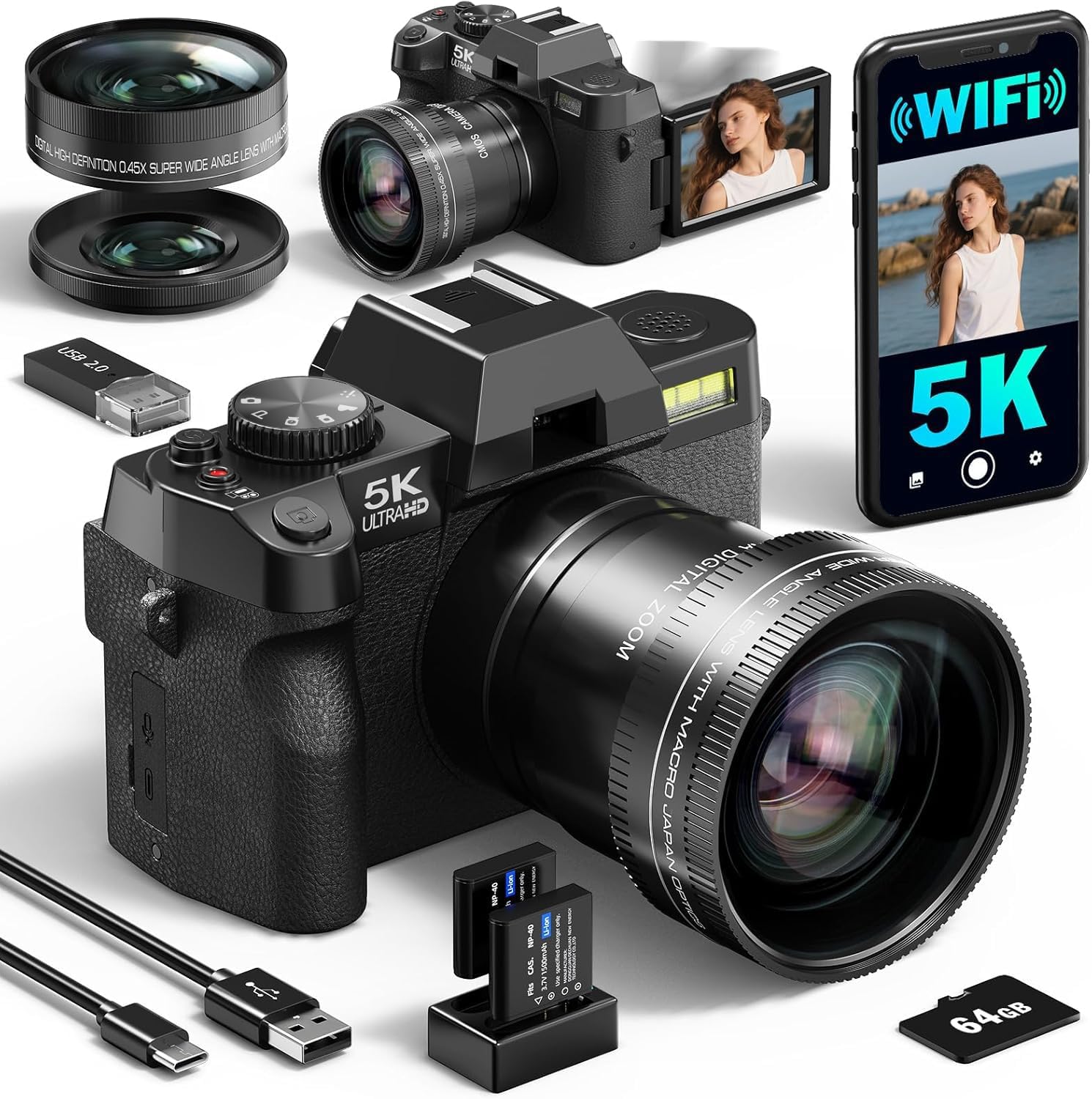 5K&64MP Digital Cameras for Photography&Video  Vlogging Camera for YouTube  Compact Camera with 64GB TF Card  WiFi and Wide-Angle & Macro Len  AUTOFOCUS 16X Zoom for Entry-Level User  Beginners（Black）