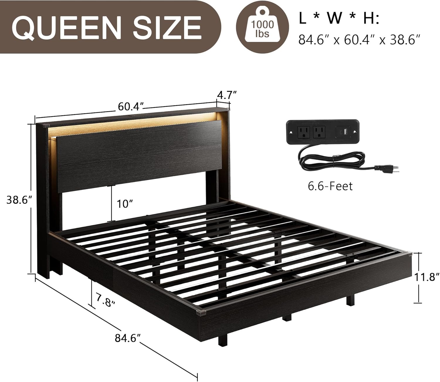 Bed Frame Queen Size with LED Lights & Charging Station – Kids Wood Floating Queen Bed Frame with Storage Headboard, Adhesive Slats, Kick-Free & Noise-Free Design, Easy Assembly, Black