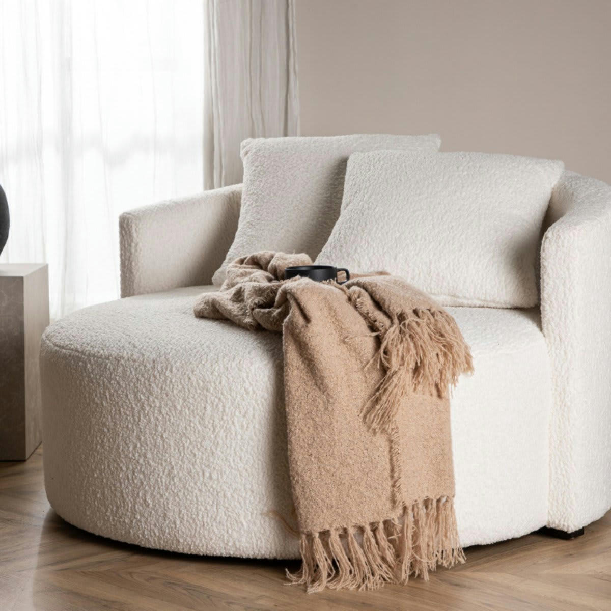 KEZACO - Fauteuil rond moderne en tissu bouclé blanc