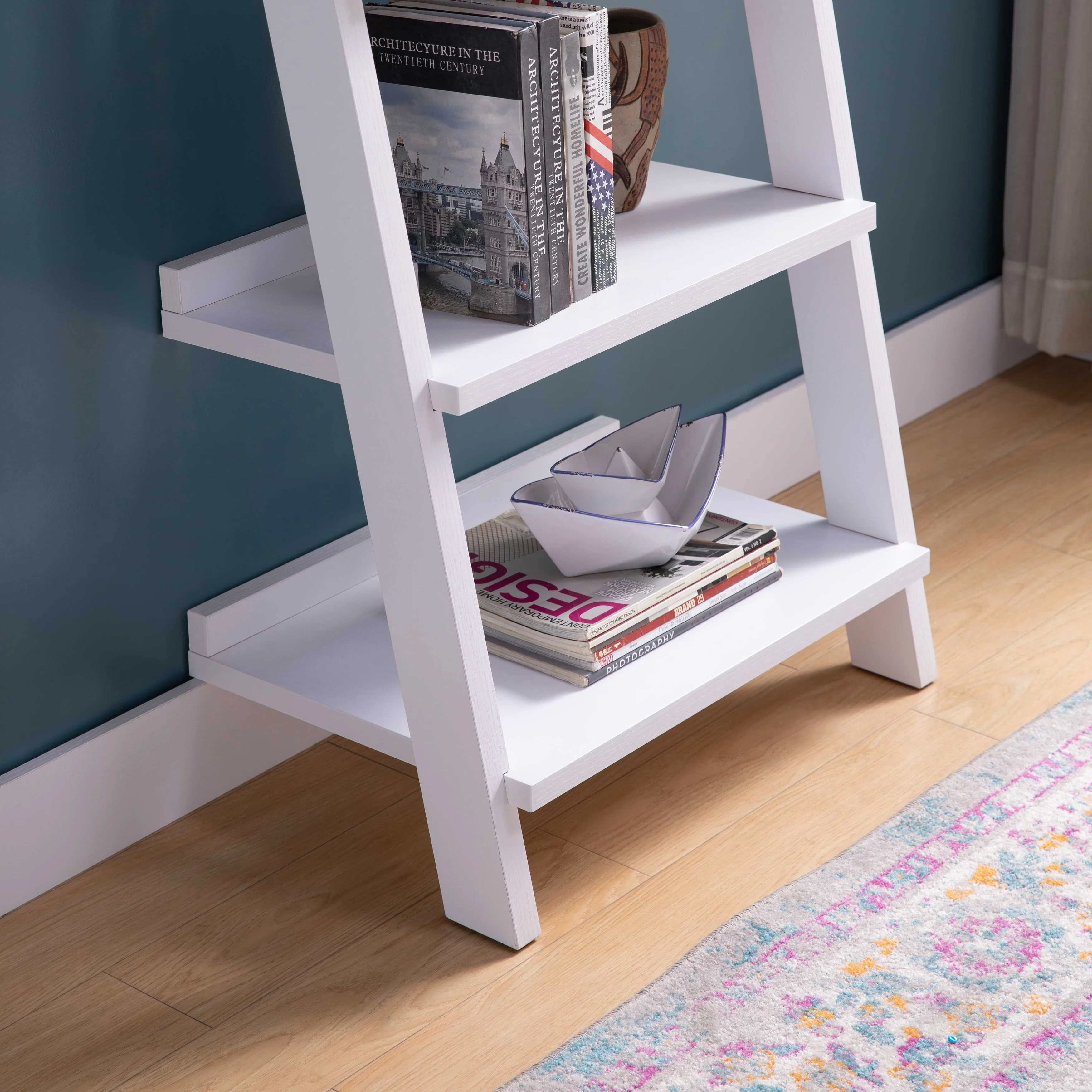 Bookcase Ladder Five Multi Depth Shelves With Back Molding Wall Support White
