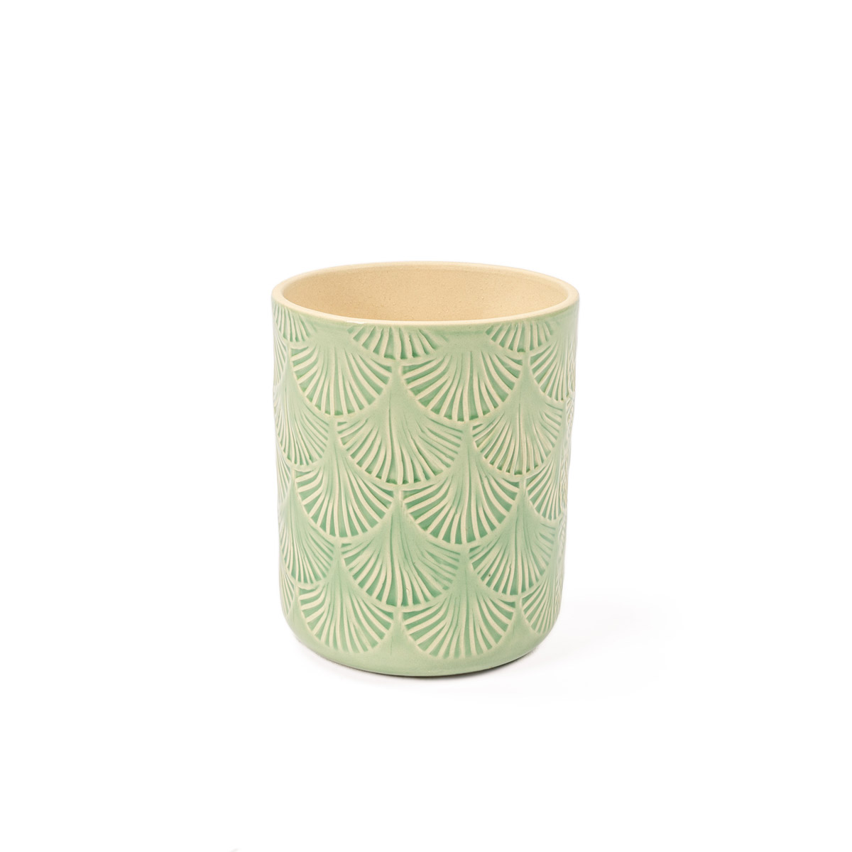 Vaso verde de cerâmica decoração folhas 13,2cm