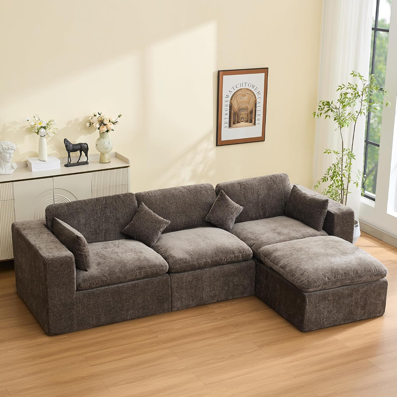 115''Cloud Boneless Sectional Couch, Modular Sectional Sofa Deep Seat with Ottoman, Oversized Upholstered Convertible Comfy 4 Seater Chenille Sofa L Shape Couches for Living Room, Brown