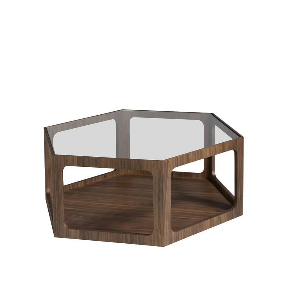 - Table basse effet bois noyer et verre