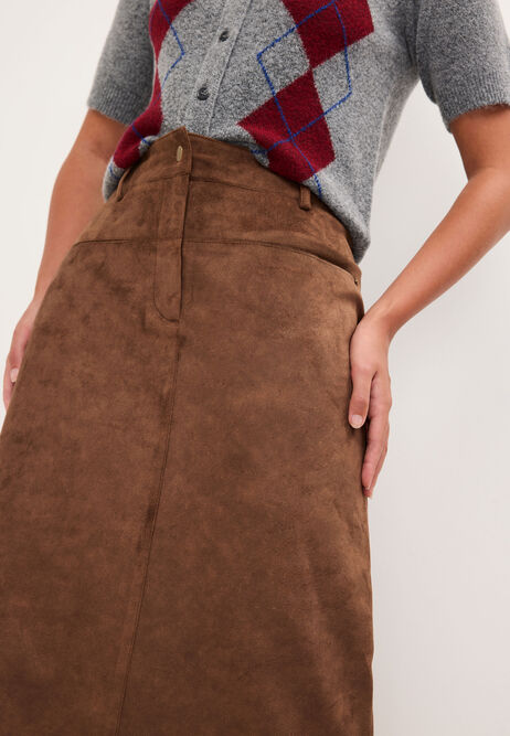 Womens Brown Faux Suede Midi Skirt