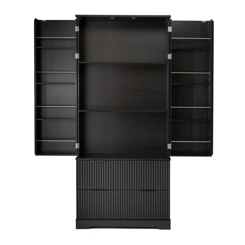 Farmhouse Pantry Cabinet with 2 Drawers & 8-Door Spice Rack – Freestanding Storage for Kitchen, Dining Room, or Office.