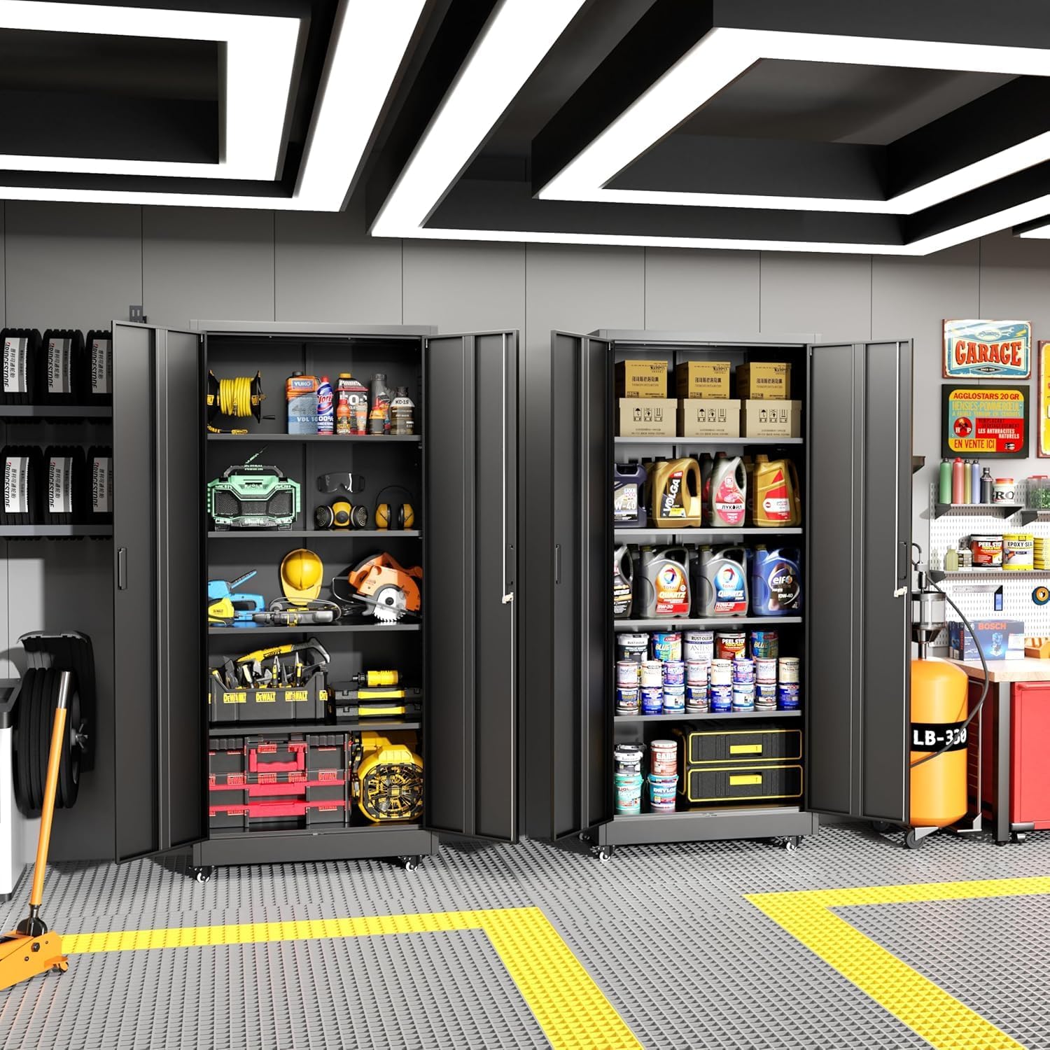 Greenvelly 73 Metal Storage Cabinet with Wheels, Black Garage Storage Cabinet with 4 Adjustable Shelves and Locking Doors, Garage Rolling Storage Cabinet for Warehouse, Garage, Home Office, School