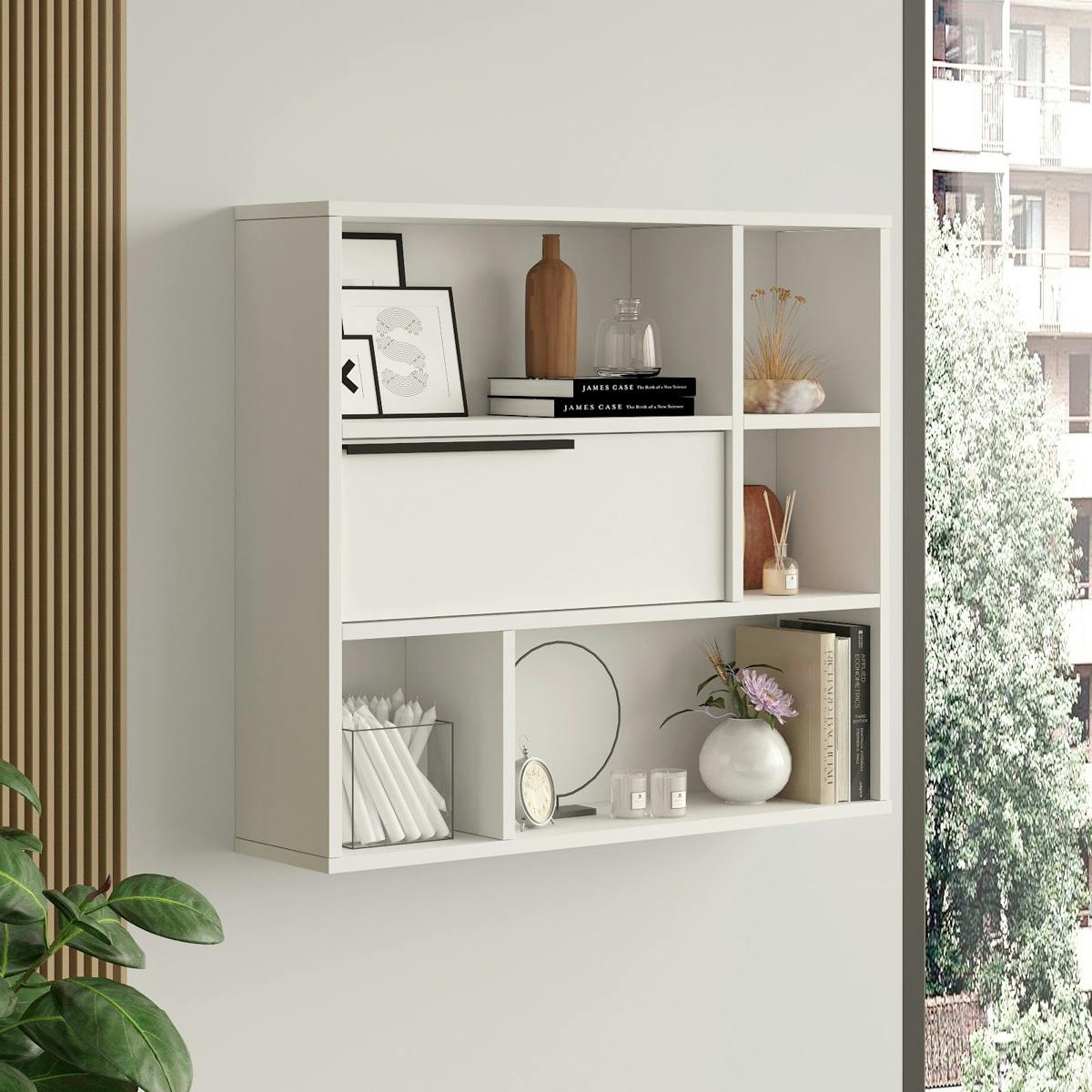 Etagère murale blanche rangement fermé 5 niches MARFA