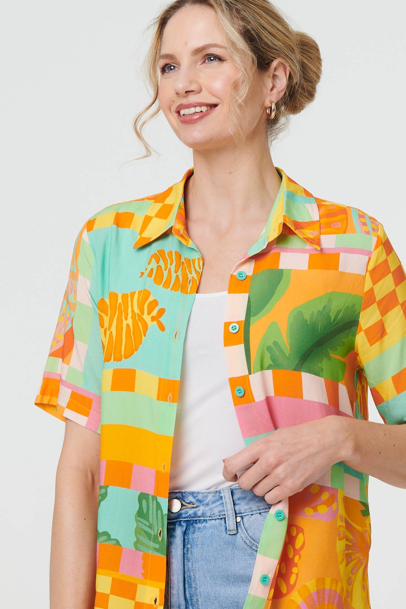 Izabel London Patchwork Print Short Sleeve Boxy Shirt