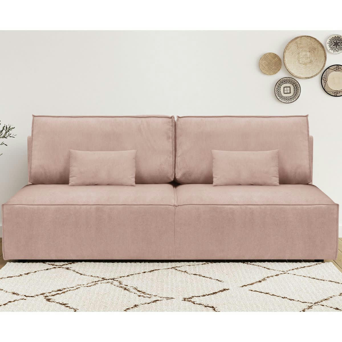 MILLA NEW - Canapé convertible 3 places avec coffre velours fines côtes rose pâle