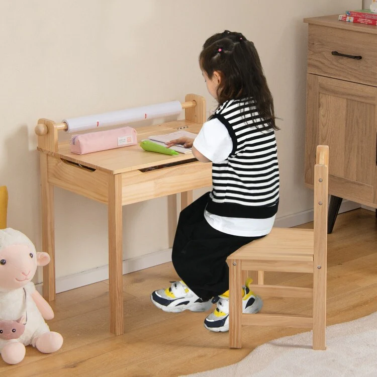 Toddler Multifunctional Activity Table and Chair Set with Paper Roll Holder-Natural - Natural