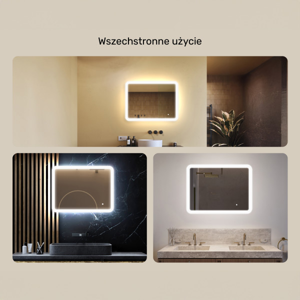 Lustro łazienkowe LED 80x60cm - zaokrąglone - LED Dual, włącznik