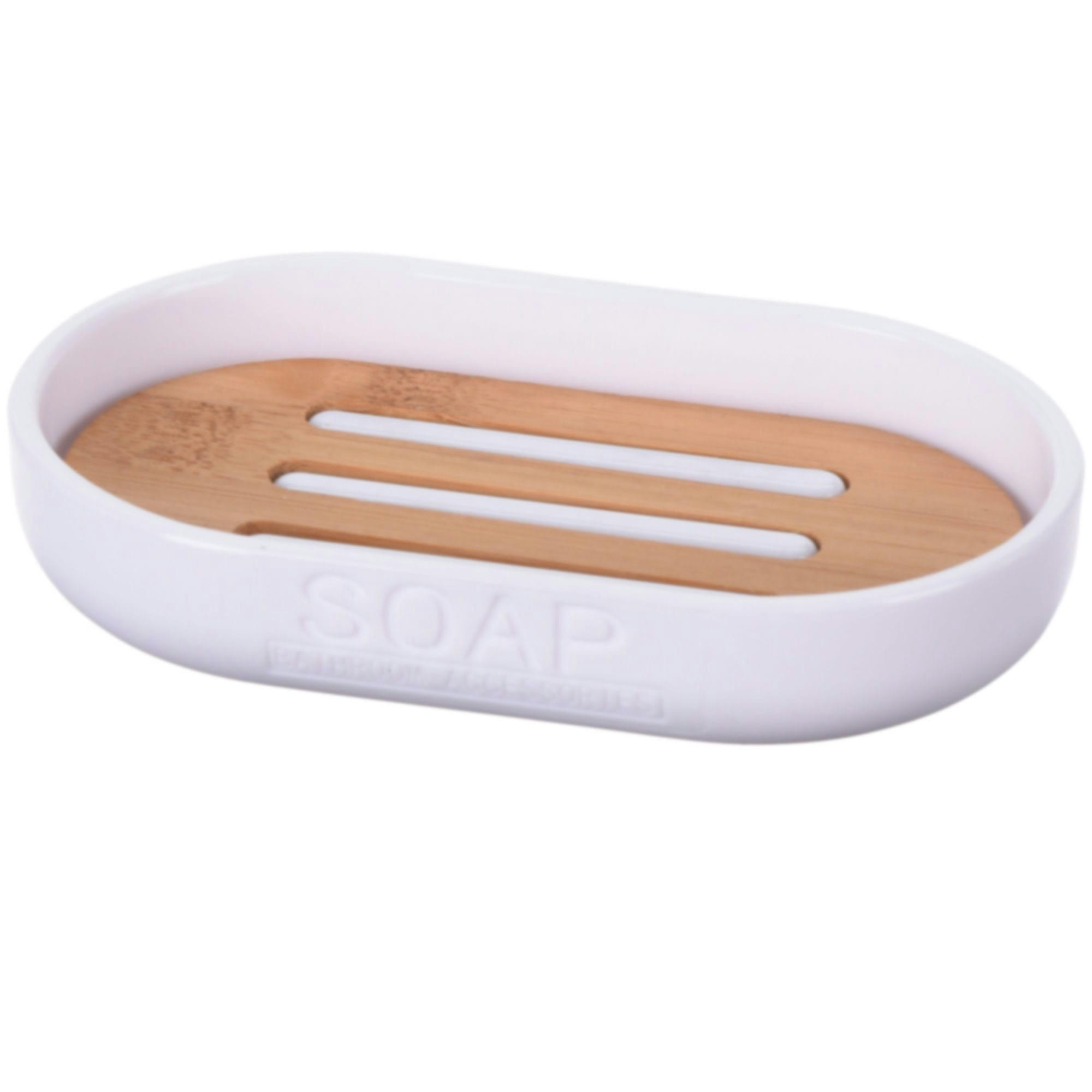 - Porte savon blanc et bambou - 12x8cm