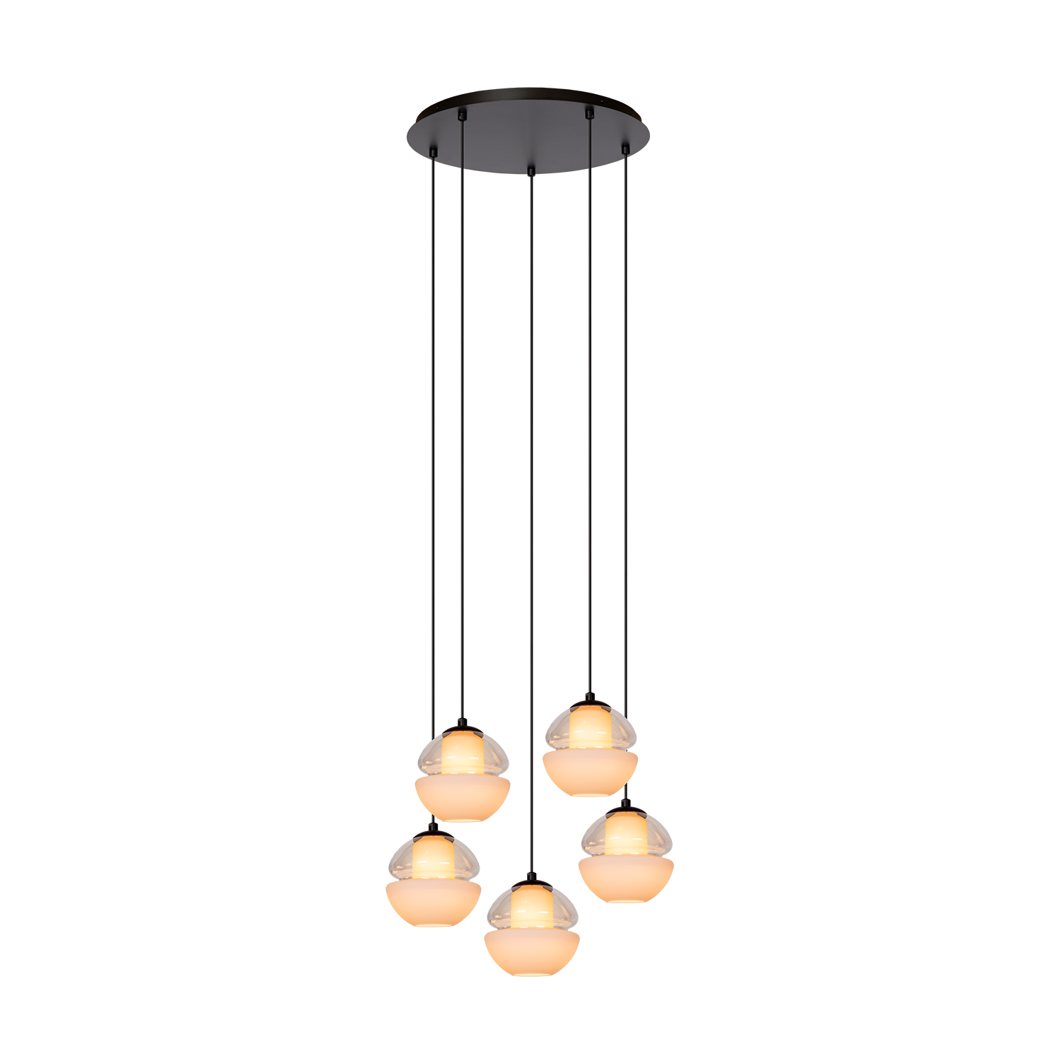 Atmooz Reese 5 Hanglamp – Zwart – Cognac & Opaalglas – 5 Lichtpunten