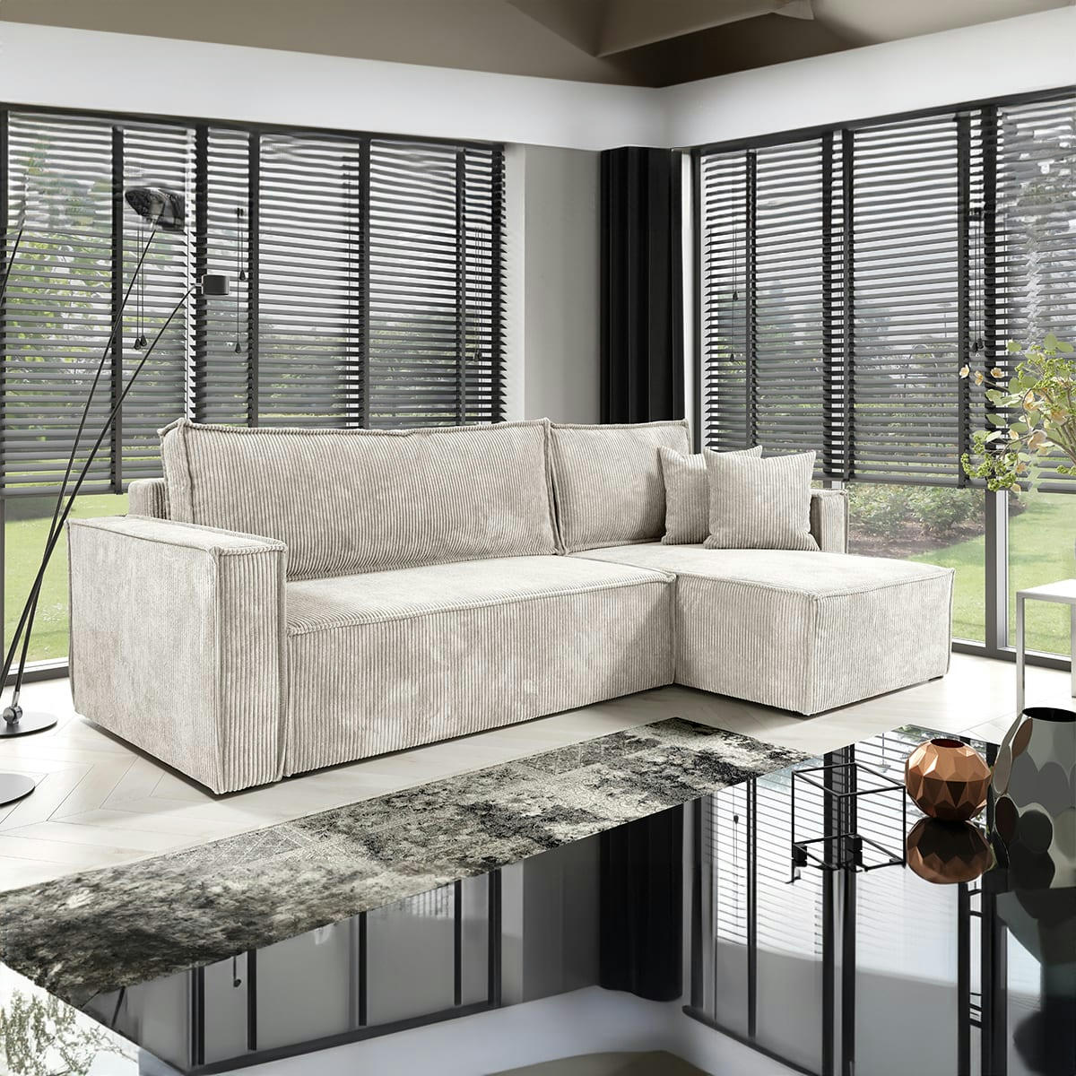 - Canapé d'angle réversible convertible 3 places velours côtelé blanc