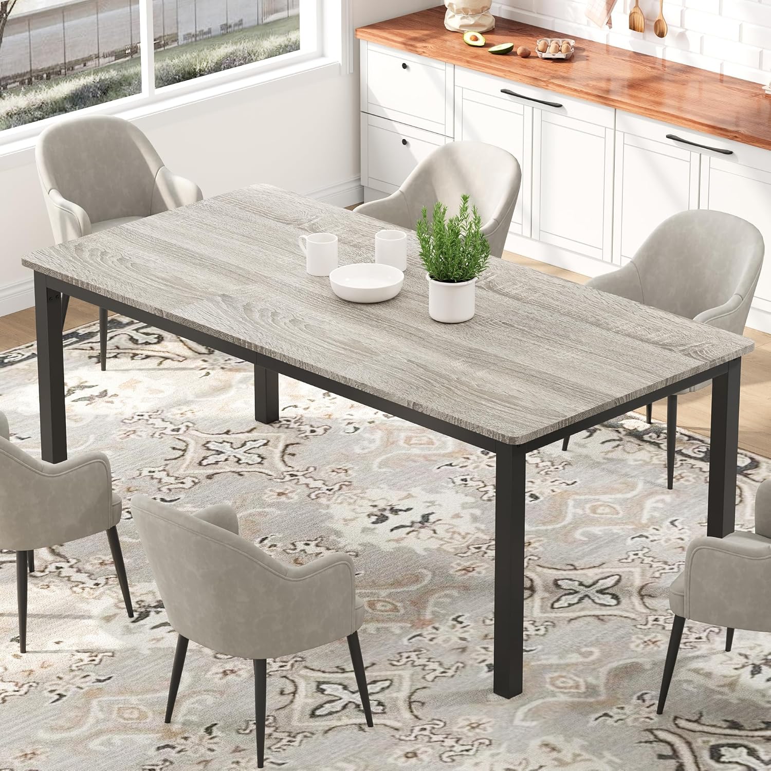 Garvee 79 in Dining Table for 6, Farmhouse Wooden Kitchen Tables for Family, Rectangular Industrial Style Dining Room Table with Sturdy Metal Frame, Long Desk for Restaurant, Kitchen, Office,Grey