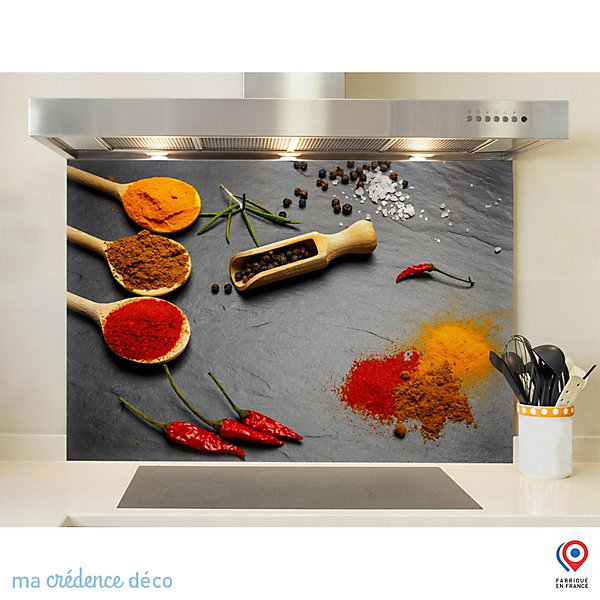 Crédence cuisine fond de hotte Epices sur ardoise 2 - Verre trempé - L 90 cm x H 70 cm - MaCrédenceDéco
