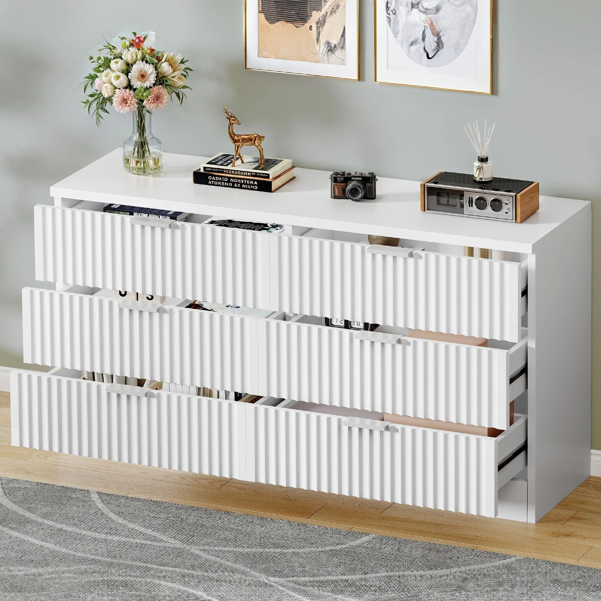 Moasis 6-drawer Dresser Double Chest of Drawer Dresser with Fluted Panel