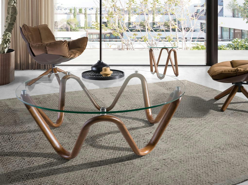 - Table basse ronde en verre trempé et noyer