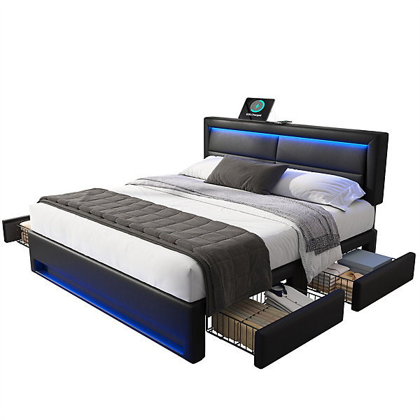Lit rembourré 140x190cm, avec port usb, éclairage led et quatre tiroirs de rangement, design pu litchi, pu, noir, sans matelas