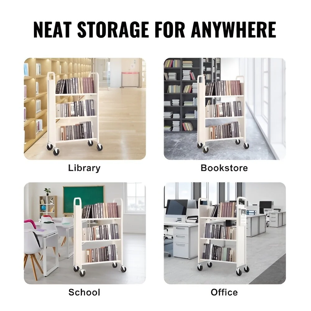 Rolling Book Cart with V-Shaped Sloped Shelves & Lockable Wheels for Home/Office - 31.1 x 15.2 x 49.2 in