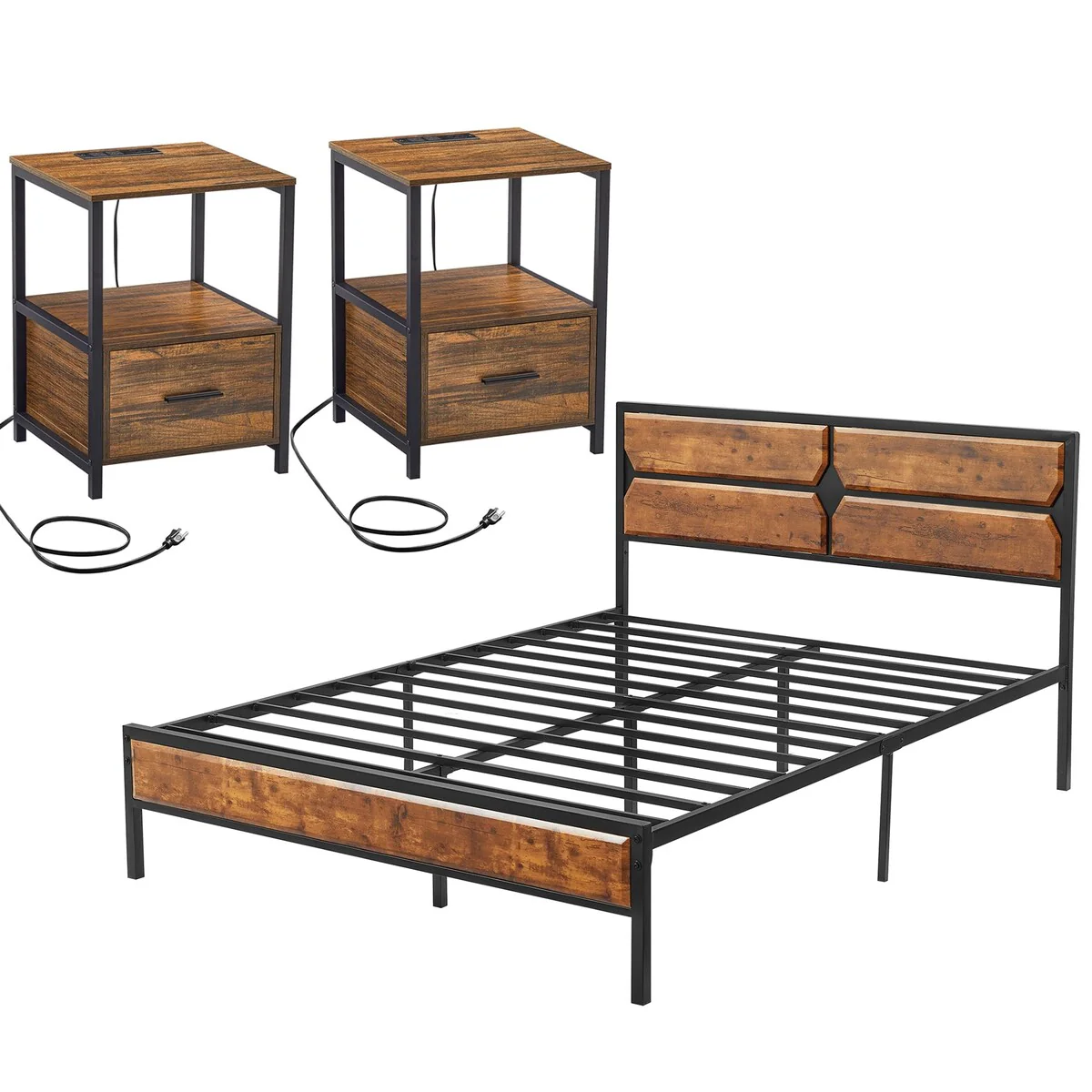 Industrial 3-Piece Vintage Brown Bed Frame and Charging Station USB Port Nightstands Set of 2