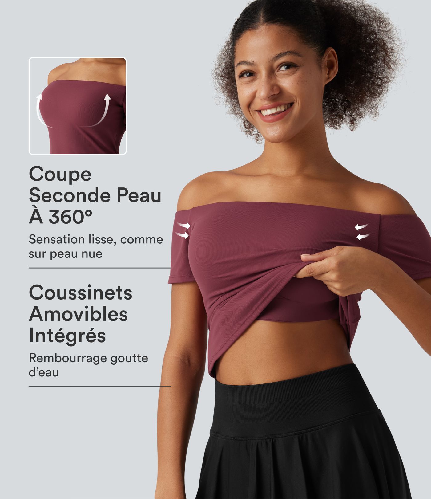 Haut de danse à épaules dénudées, manches courtes et coussinets amovibles, bonnets B à E