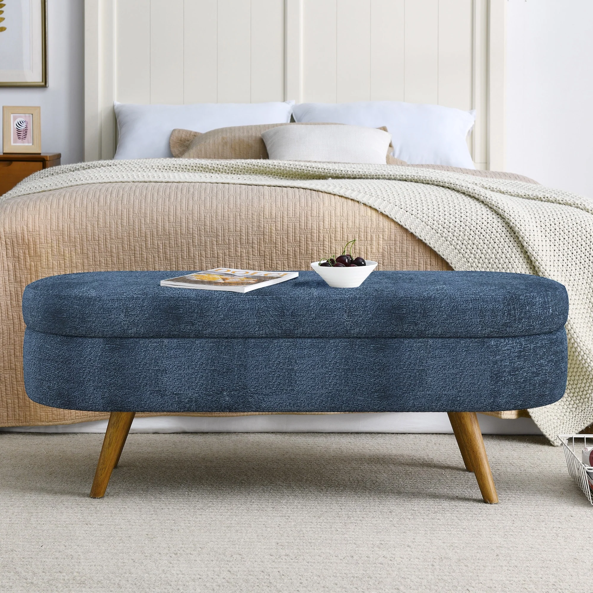 Ottoman Oval Storage Bench,Rubber Wood Legs
