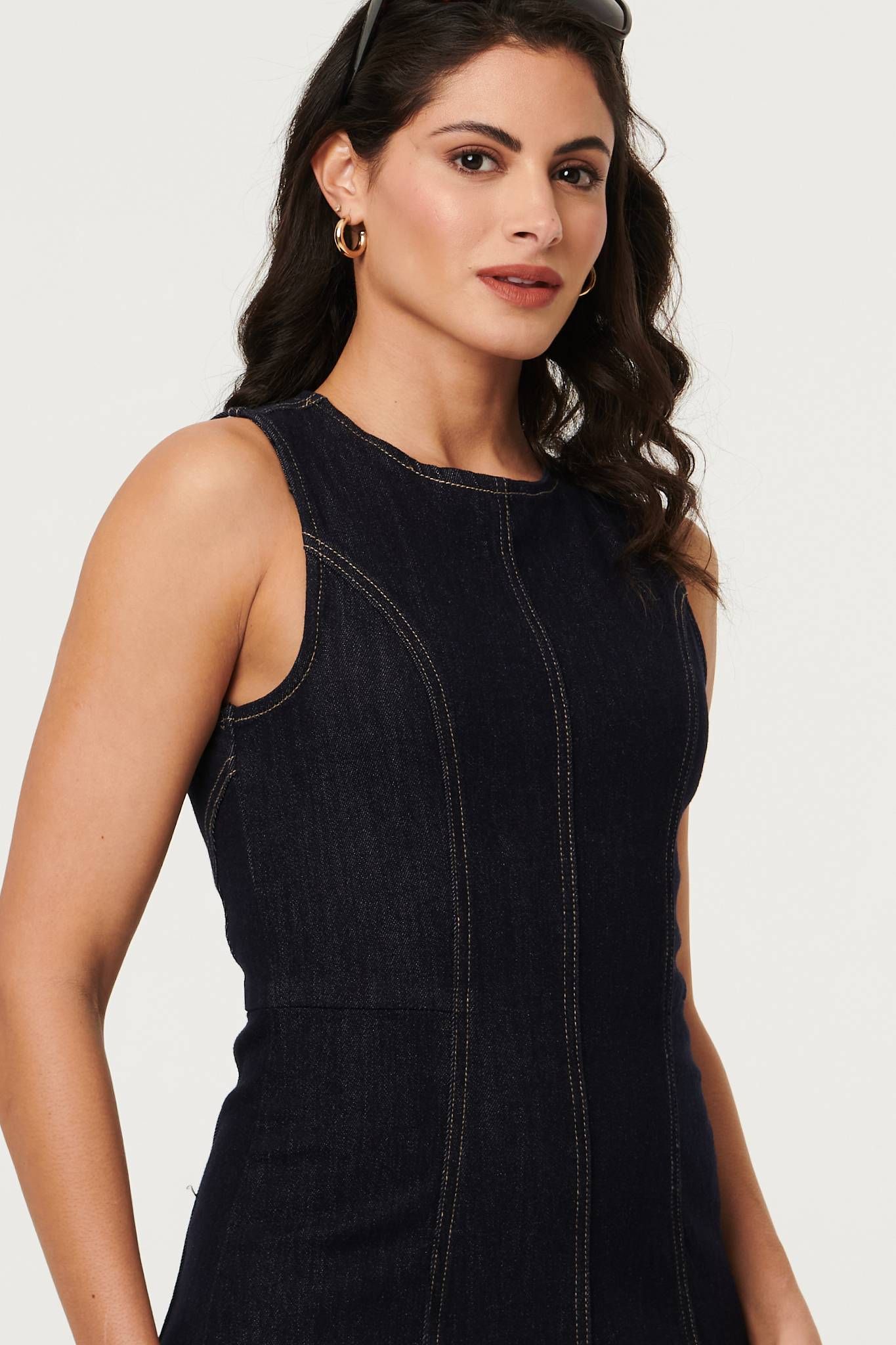 Izabel London Denim Stitch Detail Fitted Midi Dress