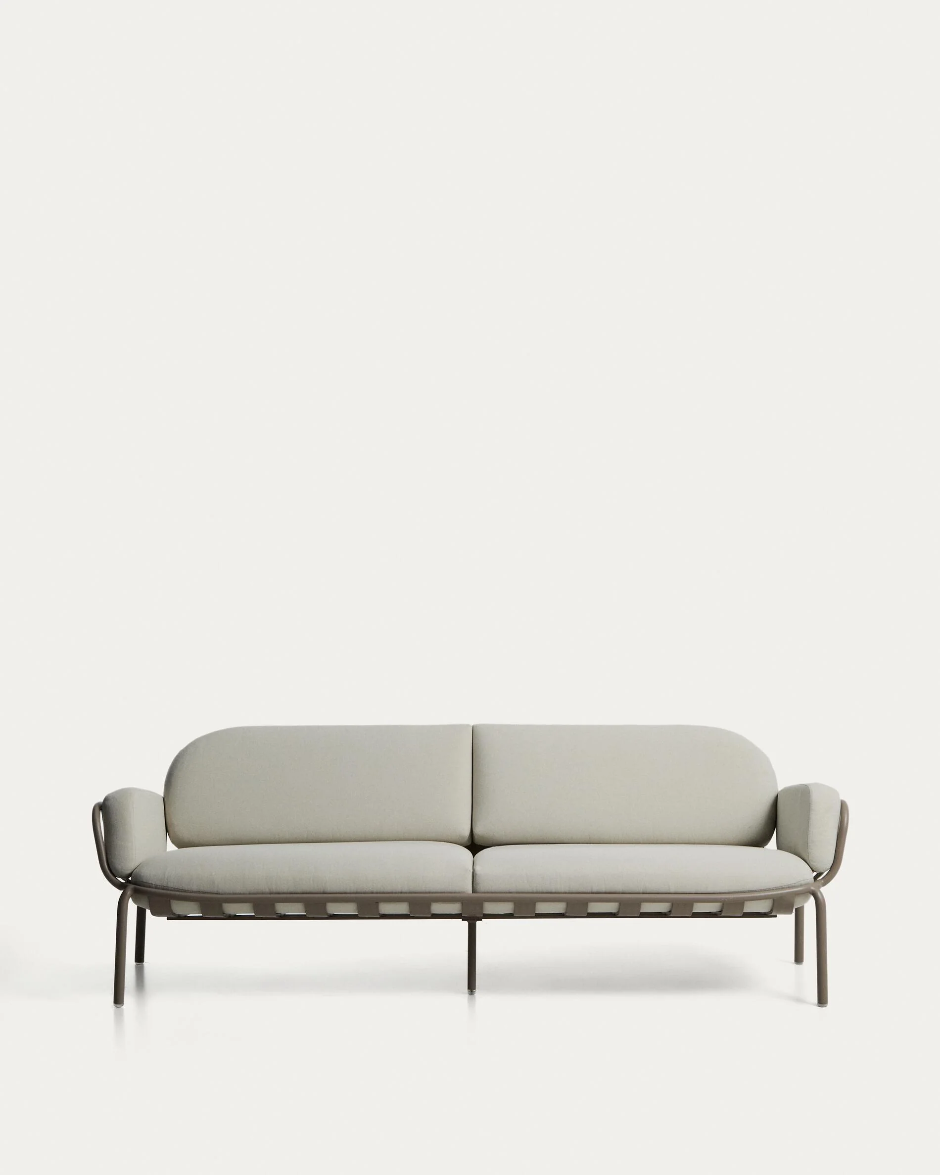 Joncols outdoor 3-seater sofa in aluminium with taupe painted finish and beige cushions 224cm