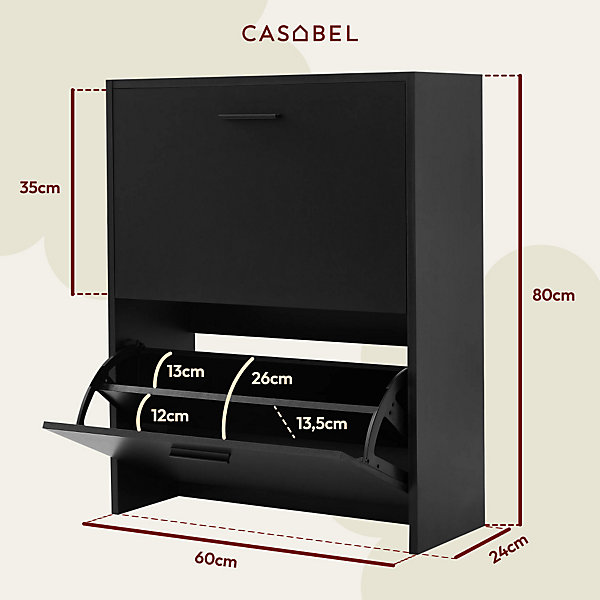 CASABEL Meuble à Chaussures Moderne 2 Abattants - Rangement Chaussures 12 Paires - Noir - Meuble en Bois Composite