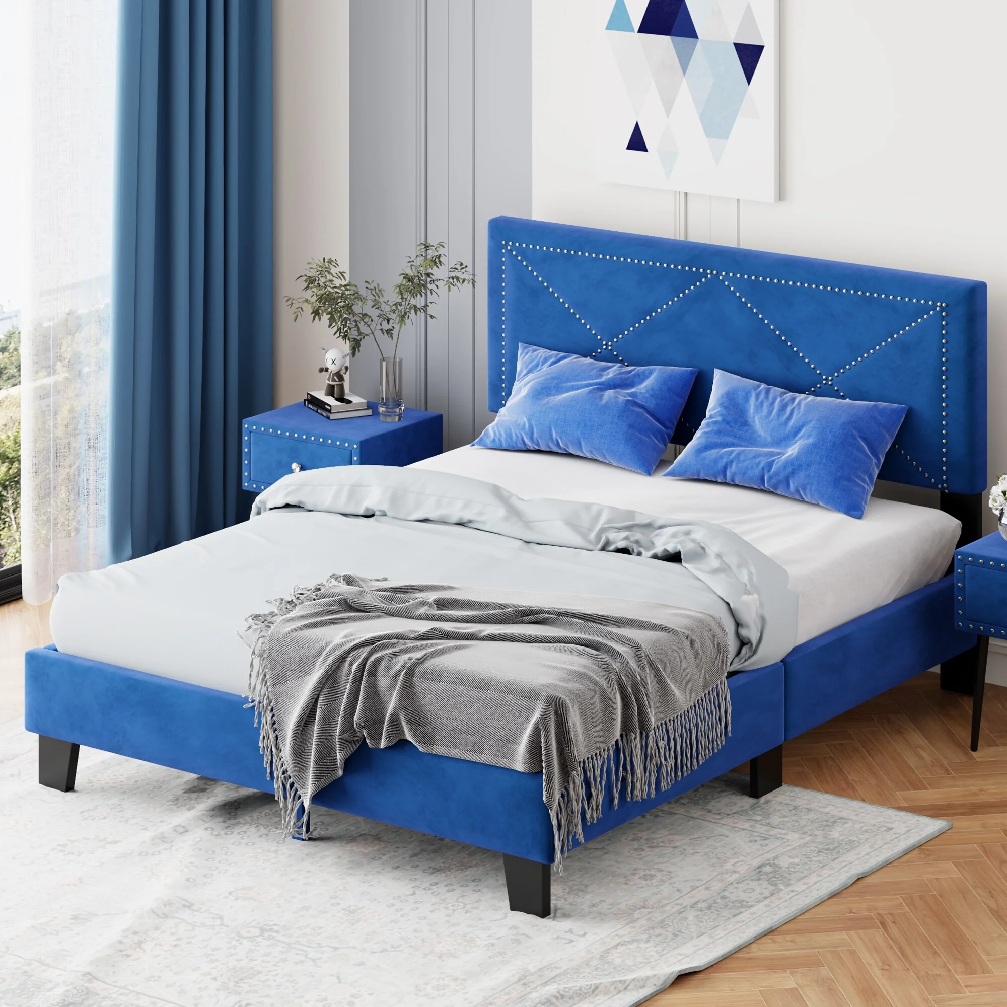 Queen Size Velvet Upholstered Platform Bed with Rivet Design, No Box Spring Needed