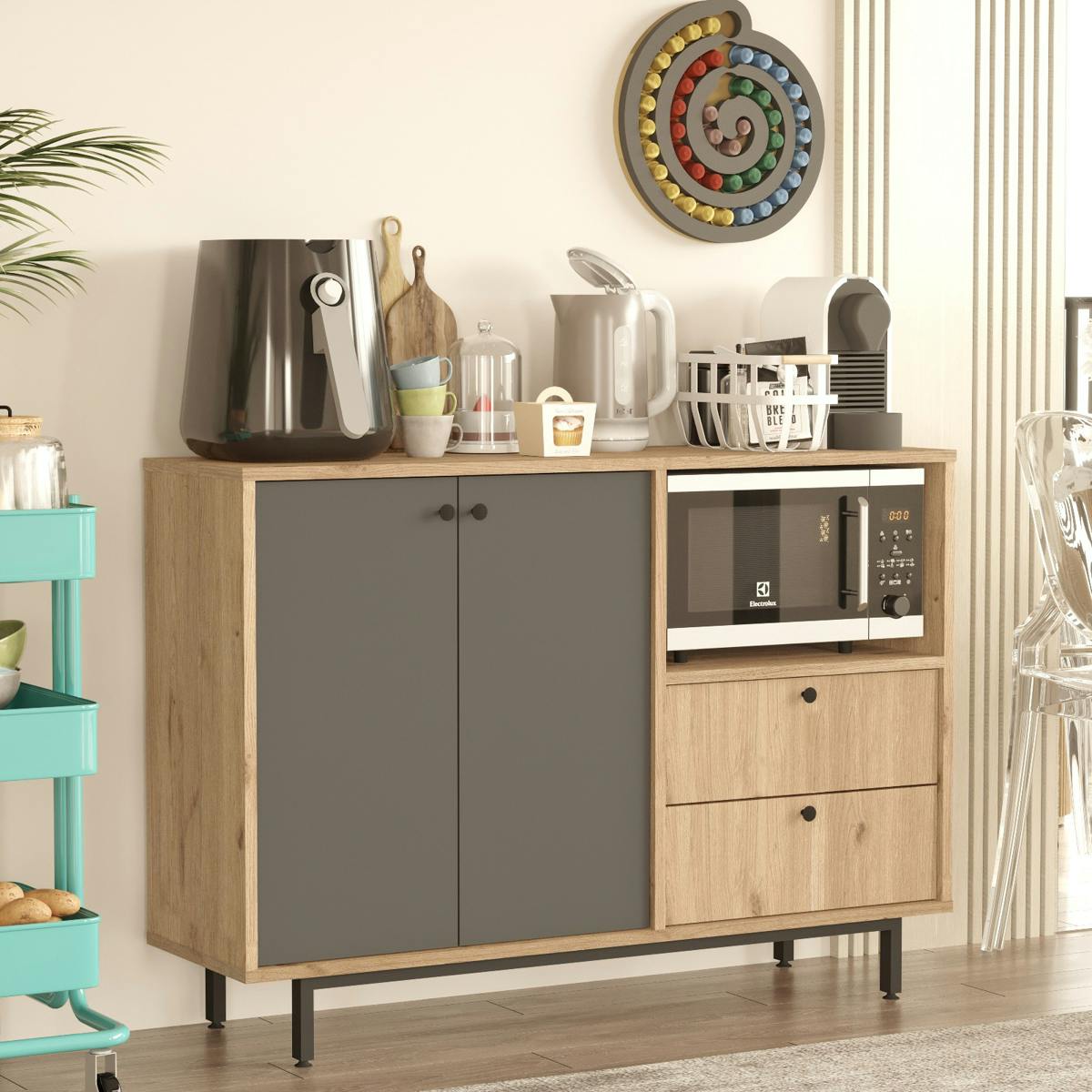Meuble rangement cuisine 2 portes grises 2 tiroirs JENA
