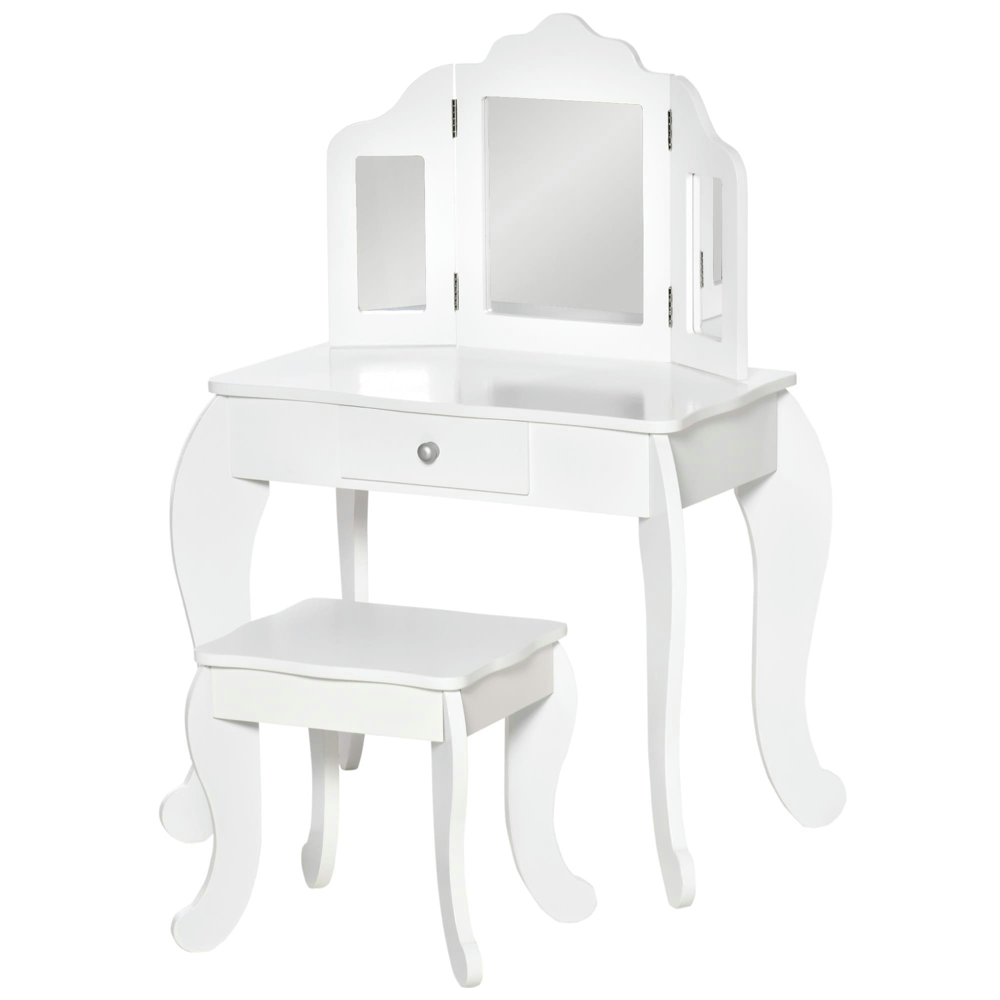 - Coiffeuse enfant tabouret miroir triptyque et tiroir coulissant blanc