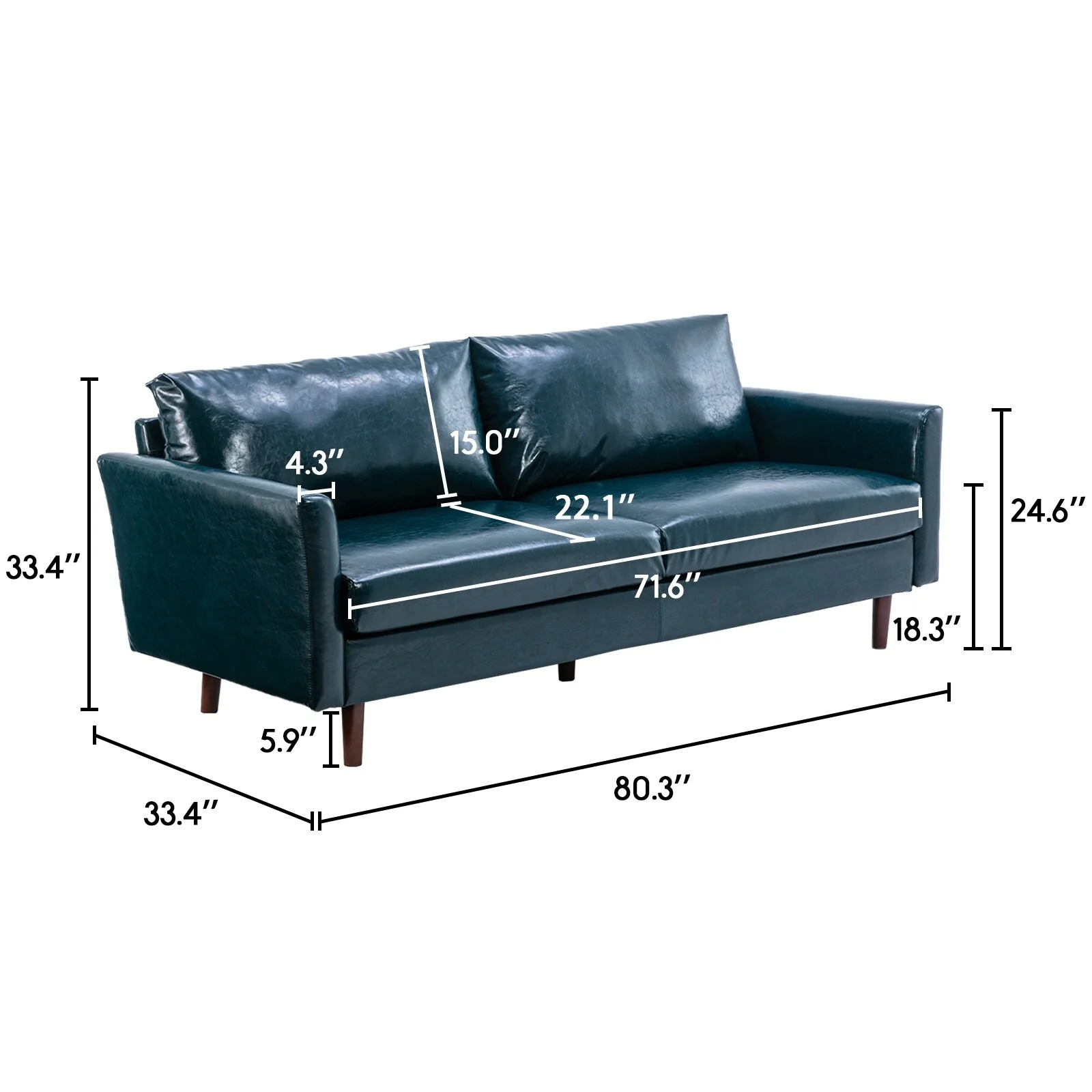 Blue 80'' Mid-Century Faux Leather Sofa with Padded Cushions, Solid Wood Frame, and Removable Backrest