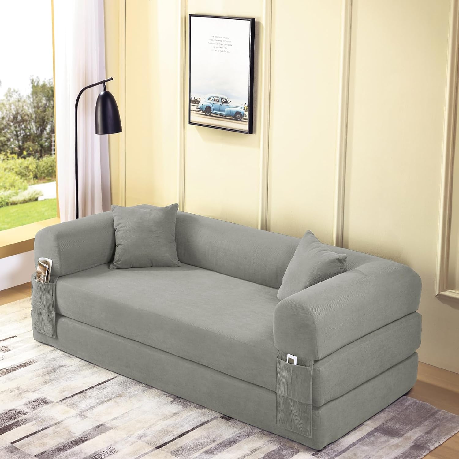 4-in-1 Folding Convertible Sofa Bed, 80 Inch Oversized Corduroy Boneless Couch, Loveseat Sleeper with Pull Out Bed, Floor Sofa Modular Futon Teddy Sofa for Living Room Bedroom Lounge, Light Gray
