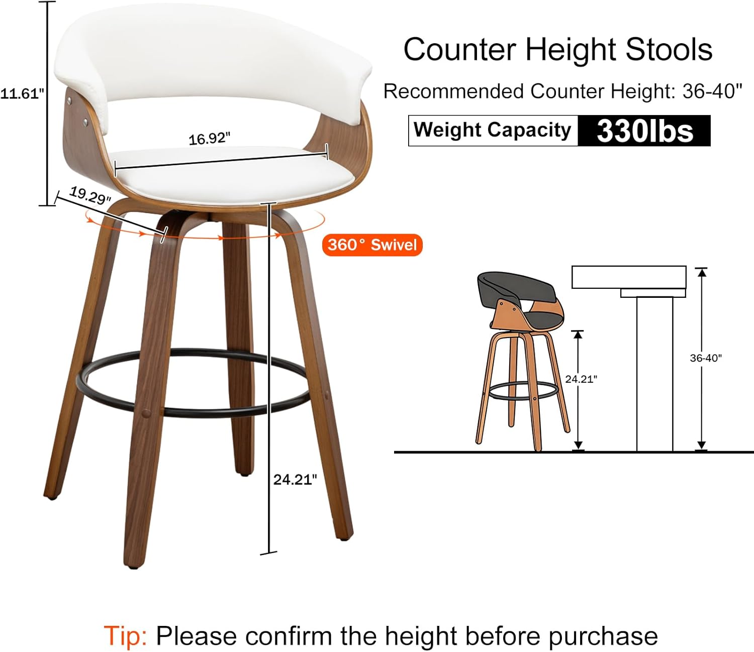 26 Inch Counter Height Bar Stools Set of 2, Mid Century Modern Counter Stool with Bentwood Frame Upholstered Seat for Kitchen Island/Counter, Cold White