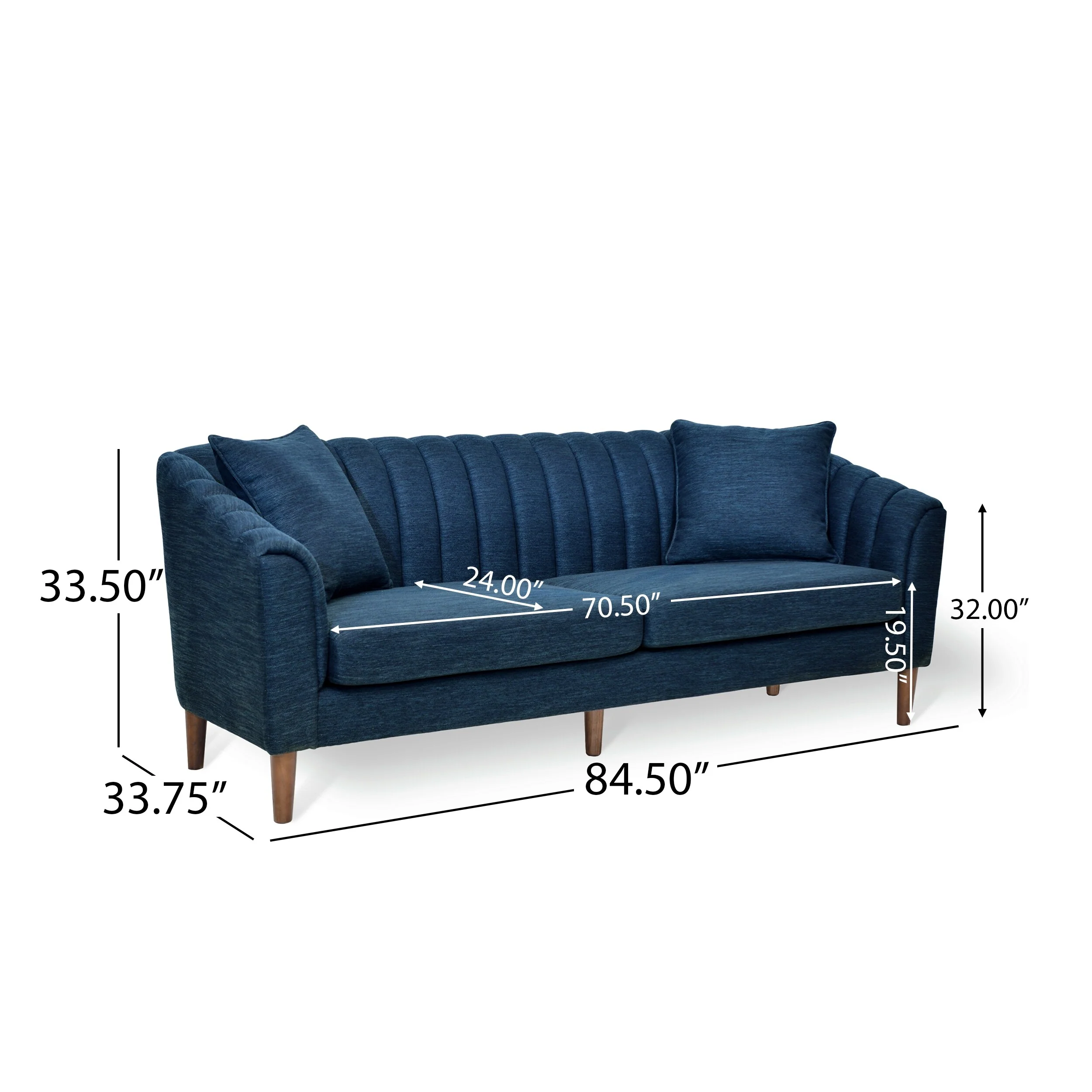 Navy Blue Modern 84.5 3-seater Sofa with Wood Legs and Pillows for Living Room
