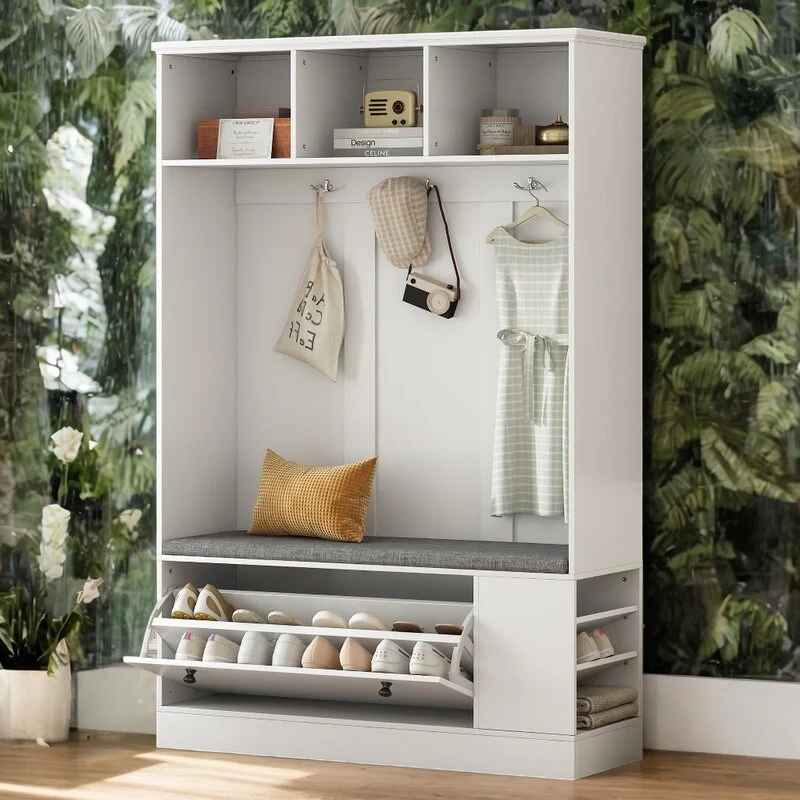 5-in-1 Hall Tree Bench with Coat Rack, Cushion and 3 Sturdy Hooks for Hallway, Entryway