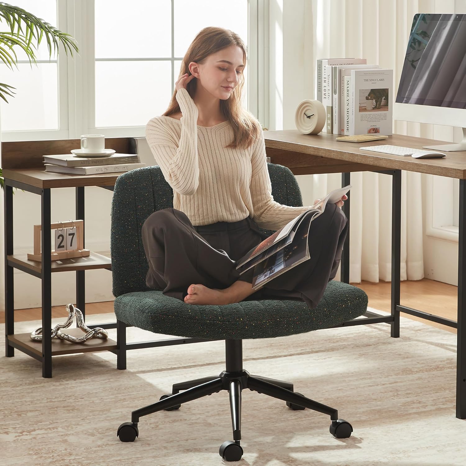 Dowinx Criss Cross Chair with Wheels, Preminum Fabric and Pocket Spring Cushion, Adjustable Swivel Wide Seat Computer Chair, Morden Design Vanity Chair Green