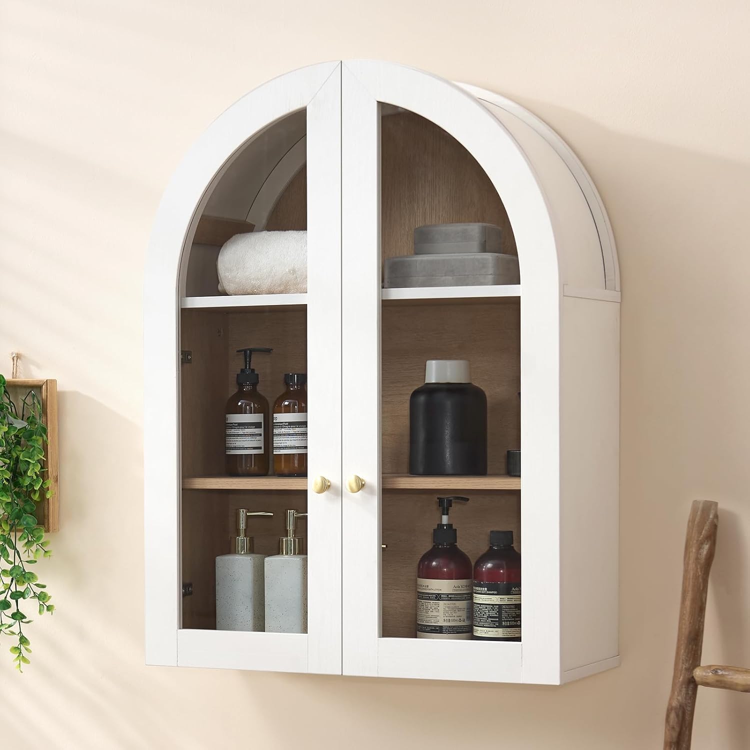 Bathroom Arched Wall Cabinet Over The Toilet Storage Cabinet, 23.6×31.4 Inch Bathroom Medicine Cabinet Wall Mount with Adjustable Shelves & Glass Door, Space Saver Wall Cabinet, White