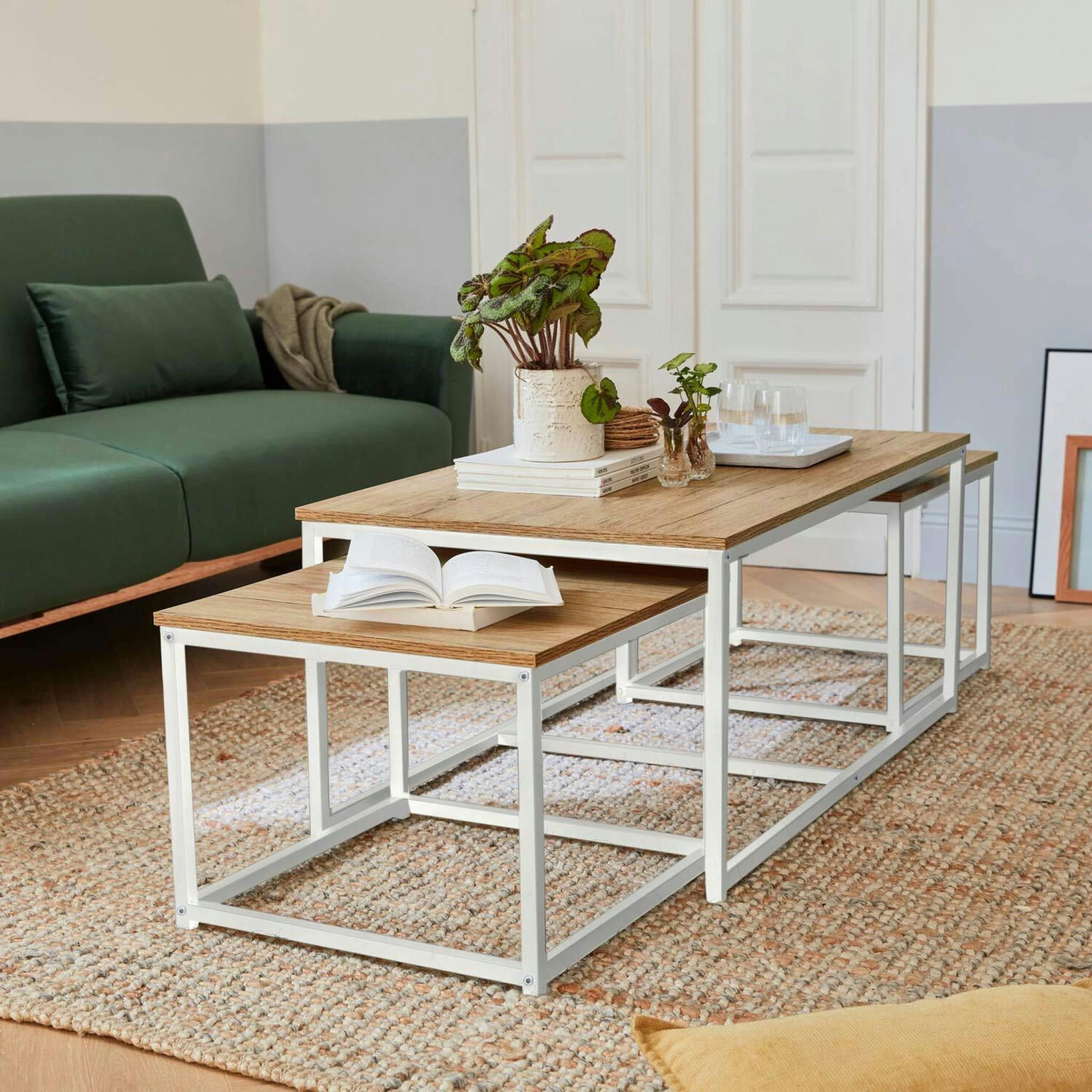 LOFT - Lot de 3 tables gigognes métal blanc mat, décor bois